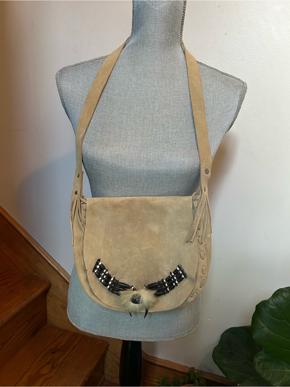 Suede Tribal Crossbody Bag with bead decal